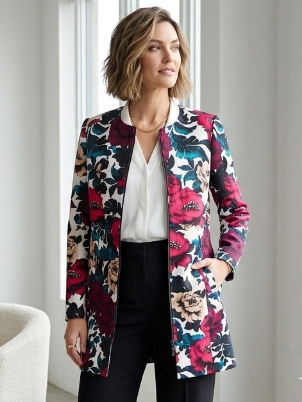 NWOT Adrianna Papell 8 Modern Contemporary Abstract Floral Spring Trench Coat